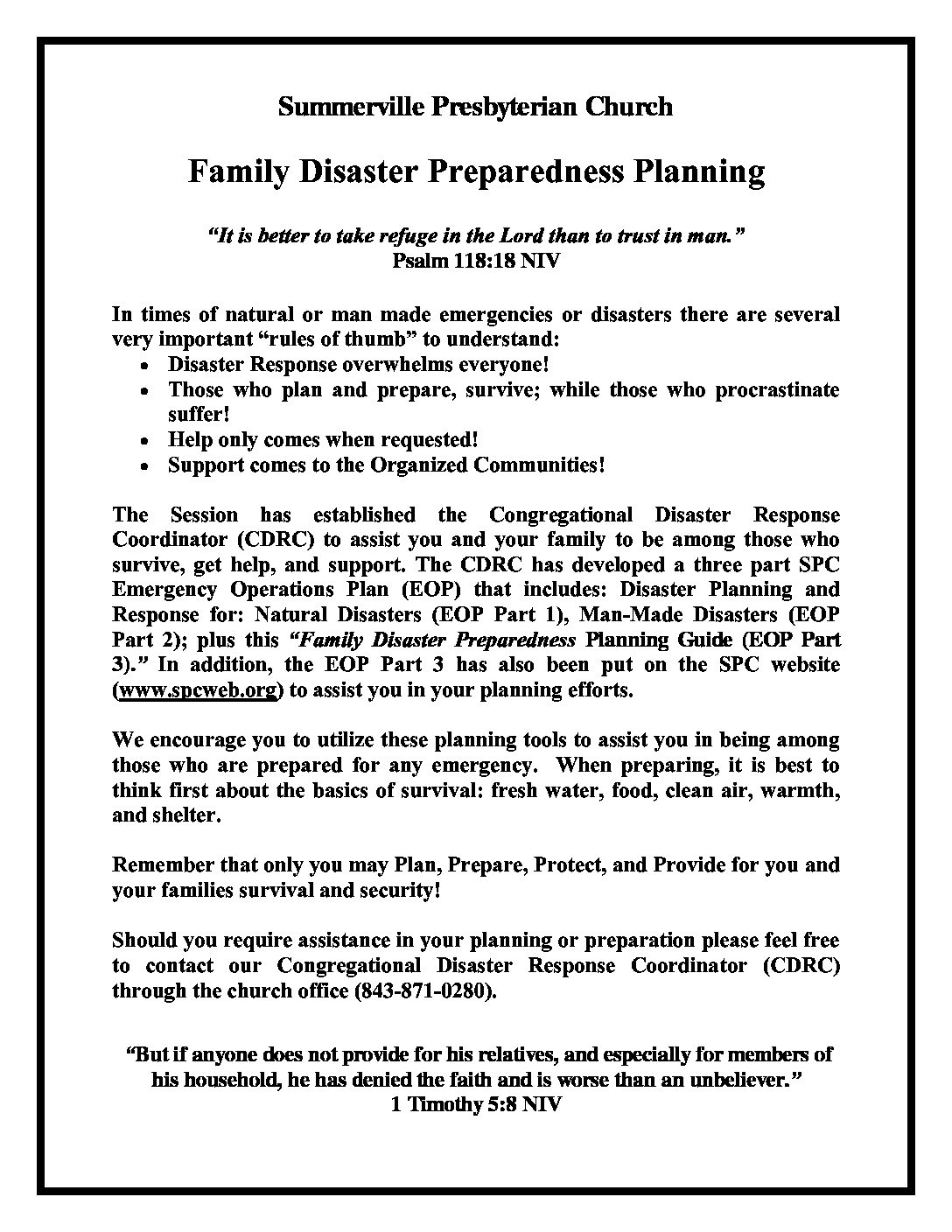 summerville presbyterian family disaster preparedness planning